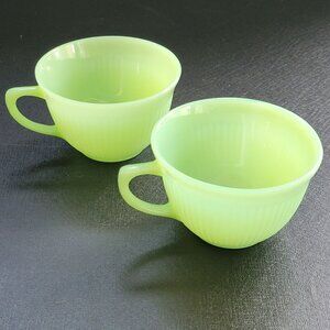 Vintage Fire King Jadeite Cup Set of 2, c.1951-61 USA, Green, Ribbed Edge, MCM